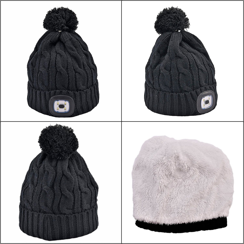 USB Rechargeable Waterproof LED Lighted Bobble Hat with Sherpa Lining - Black