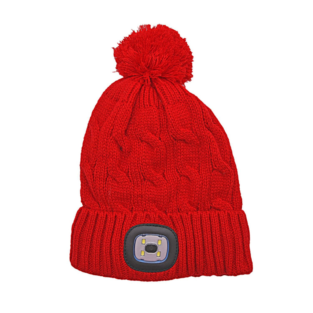 USB Rechargeable Waterproof LED Lighted Beanie Cap with Sherpa Lining and Faux Fur Bauble (Size 26x20 Cm) - Red