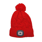 USB Rechargeable Waterproof LED Lighted Beanie Cap with Sherpa Lining and Faux Fur Bauble (Size 26x20 Cm) - Red