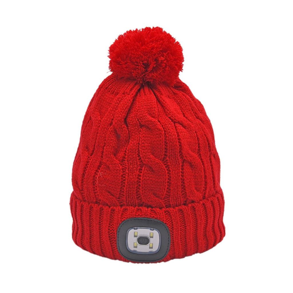 USB Rechargeable Waterproof LED Lighted Beanie Cap with Sherpa Lining and Faux Fur Bauble (Size 26x20 Cm) - Red