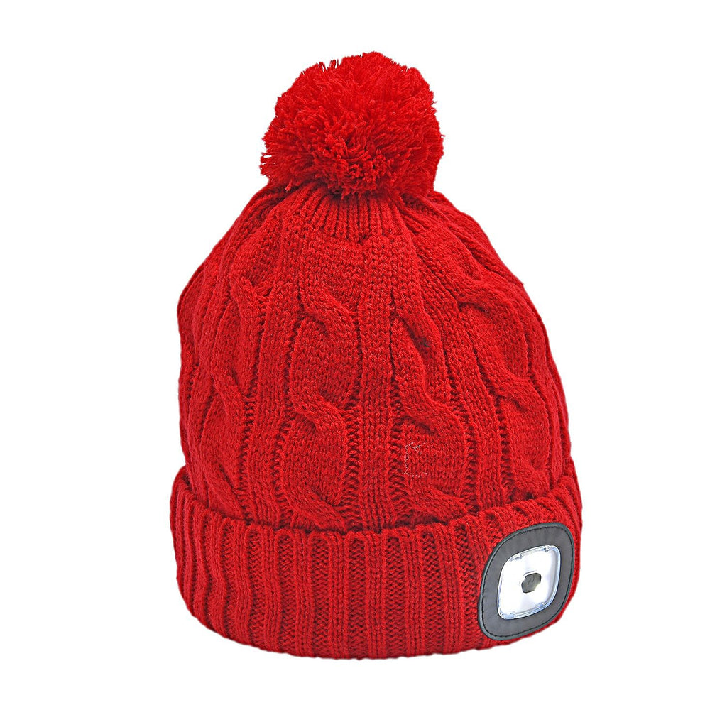 USB Rechargeable Waterproof LED Lighted Beanie Cap with Sherpa Lining and Faux Fur Bauble (Size 26x20 Cm) - Red