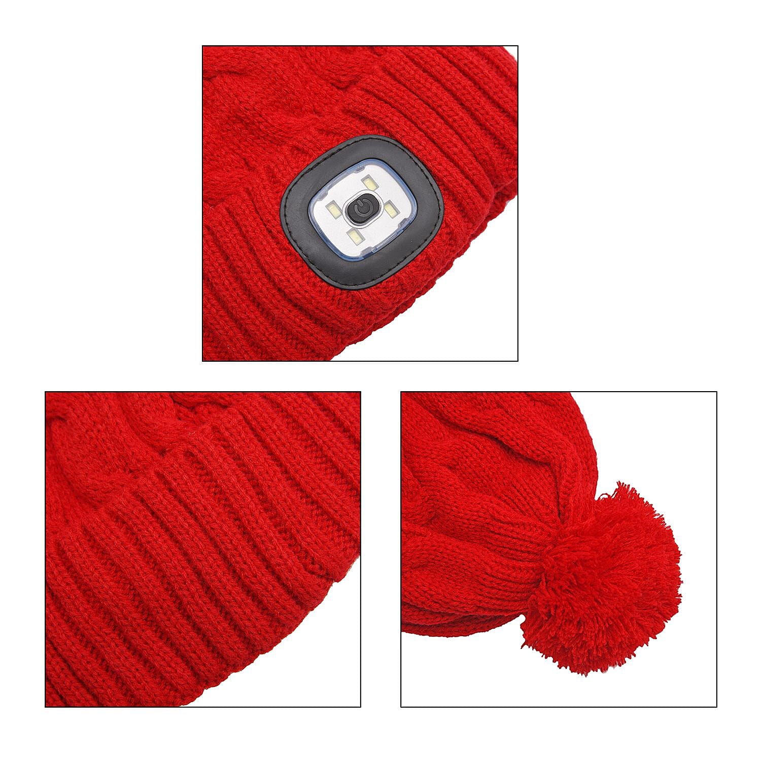 USB Rechargeable Waterproof LED Lighted Beanie Cap with Sherpa Lining and Faux Fur Bauble (Size 26x20 Cm) - Red