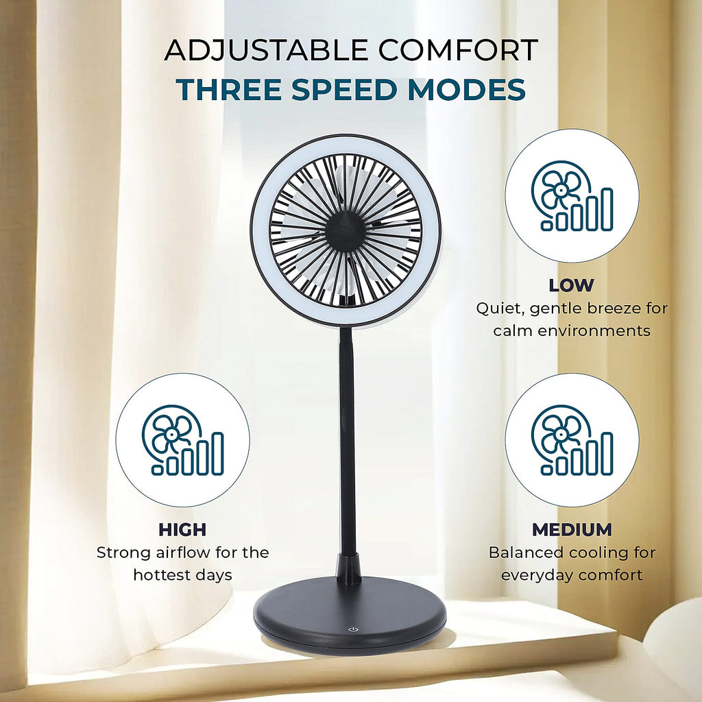 Foldable Desk Fan with LED Light and 3 Wind Speed Setting (Size 31x12x12 cm) - Black