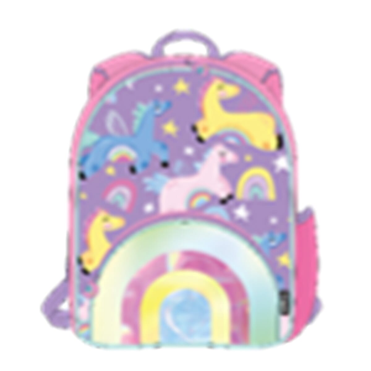 Unicorn and Rainbow Print Medium Backpack Mesh Pocket & Dual Zippers with Adjustable Straps - Lilac