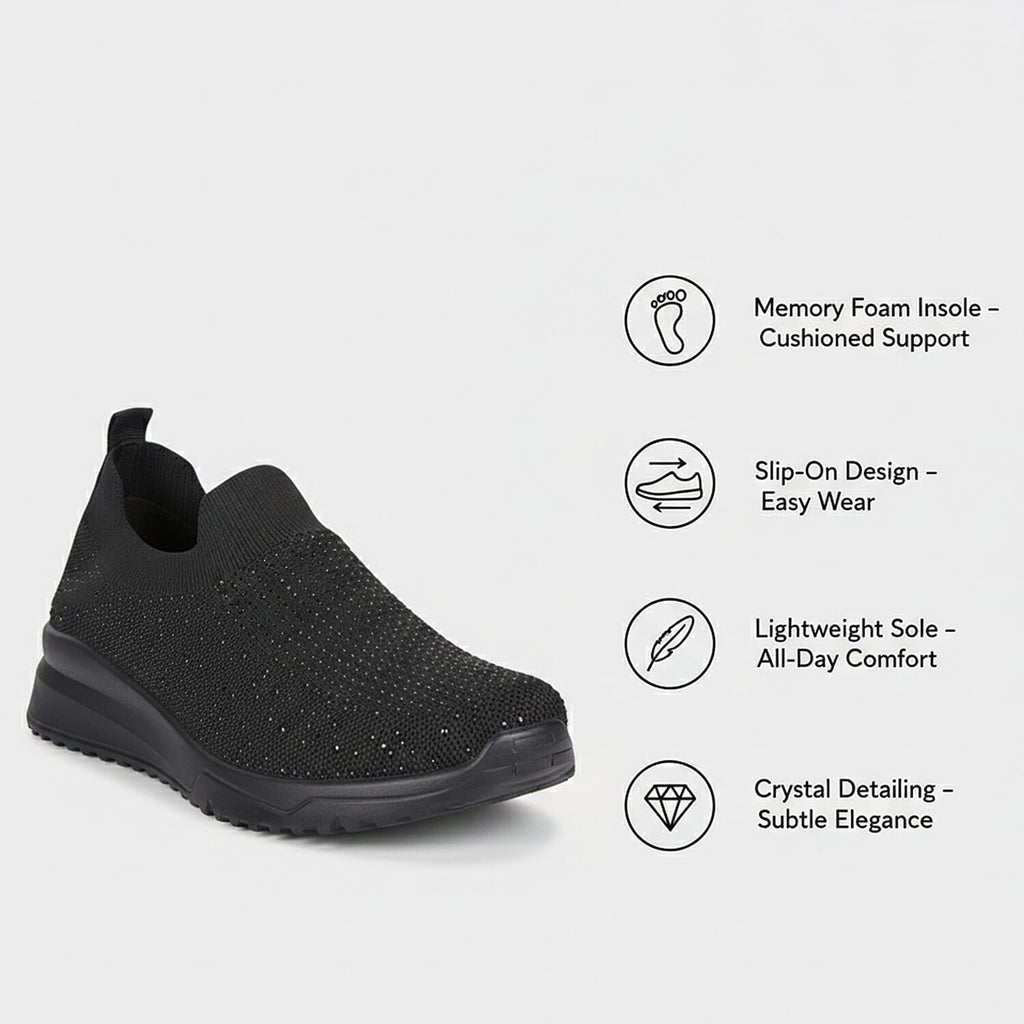 Urban Jacks Womens Casual Slip-On Trainers with Memory Foam & Diamond Detail (Size 8) - Black