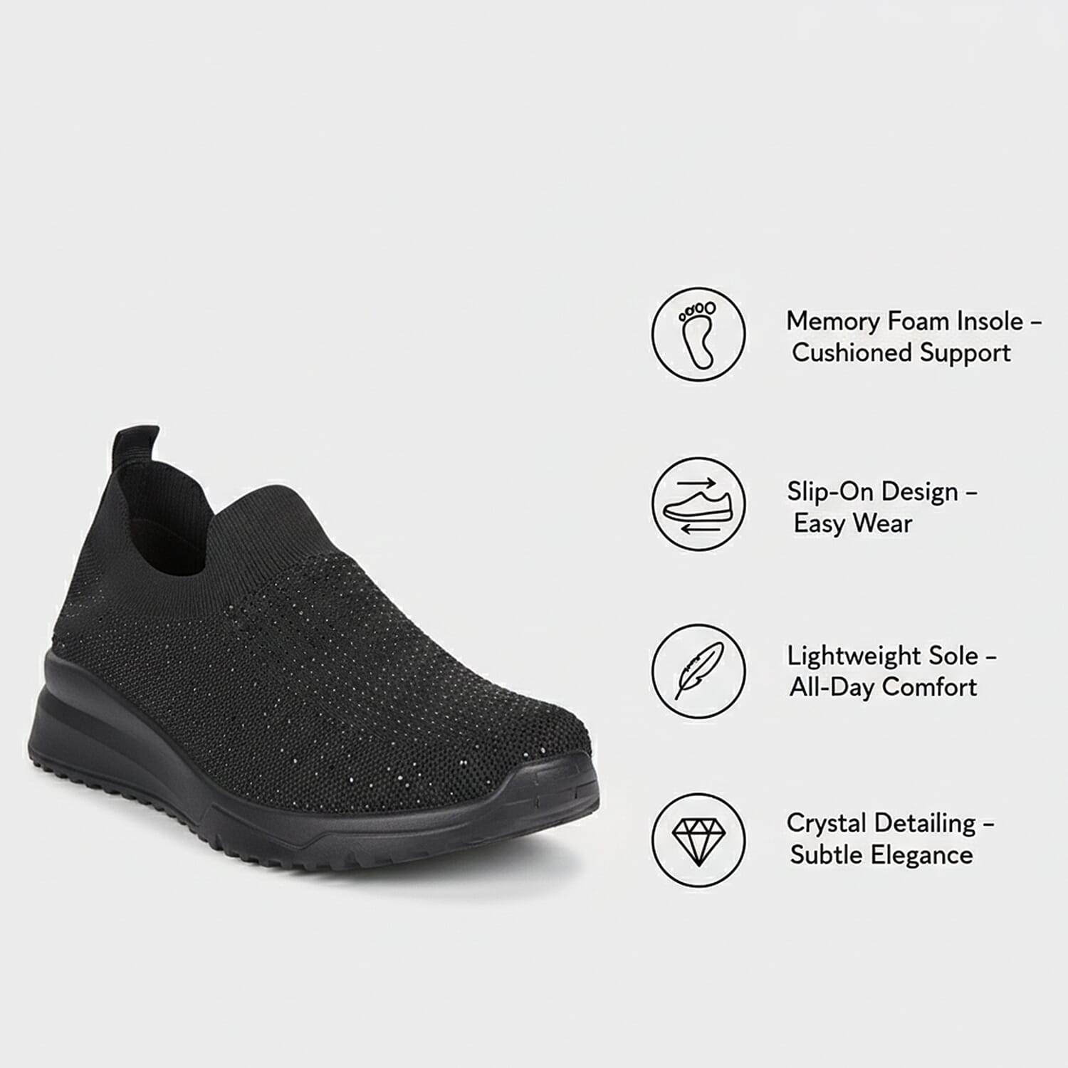 Urban Jacks Womens Casual Slip-On Trainers with Memory Foam & Diamond Detail (Size 8) - Black