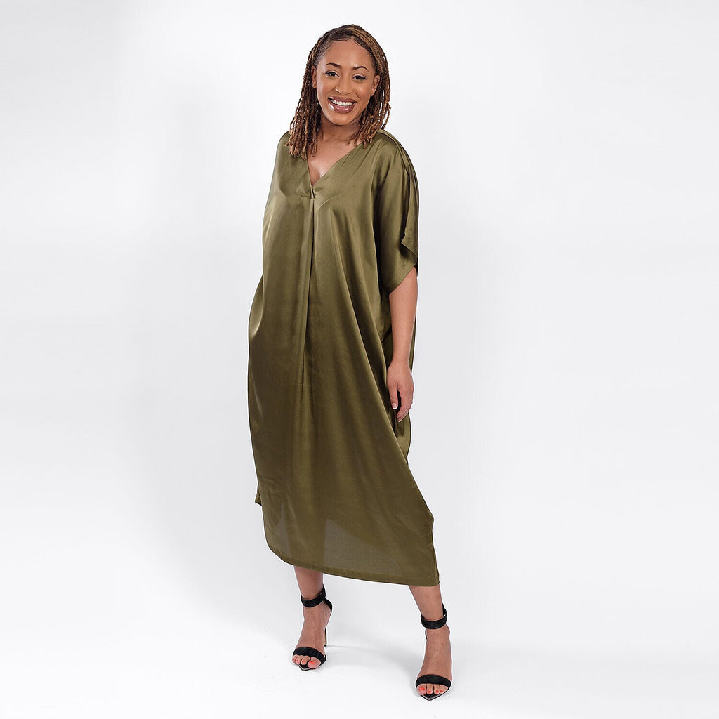 V Neck Satin kimono Dress (One Size Curve) 20-26 - Olive