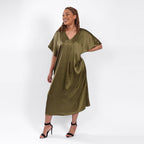 V Neck Satin Kimono Dress (One Size) 8-18 - Olive