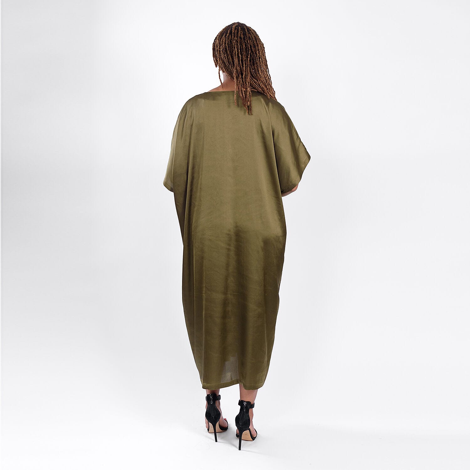 V Neck Satin Kimono Dress (One Size) 8-18 - Olive