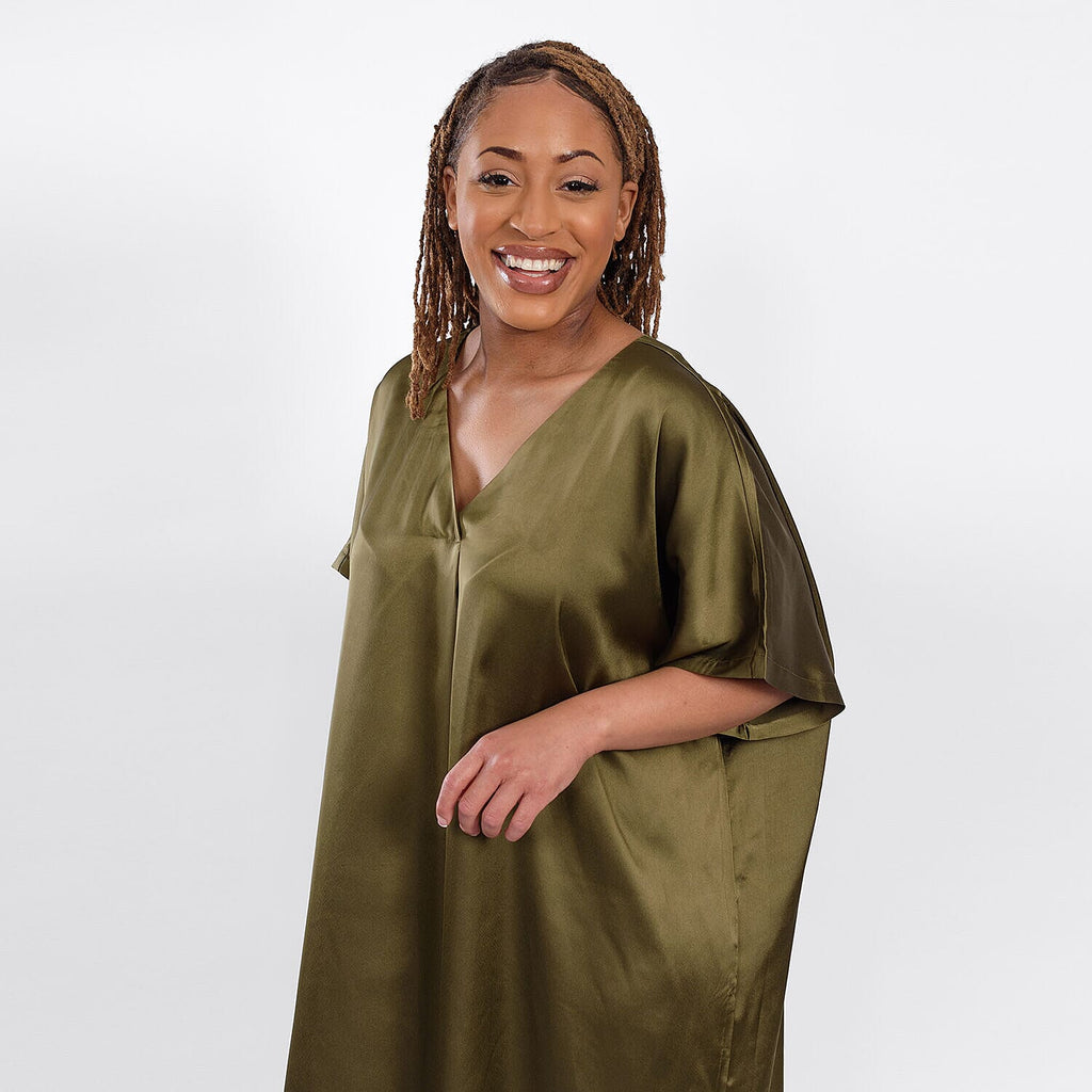 V Neck Satin Kimono Dress (One Size) 8-18 - Olive