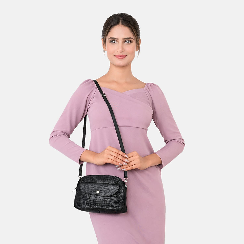 Valliserie 100% Genuine Leather Croco Pattern Crossbody Sling Bag - Black