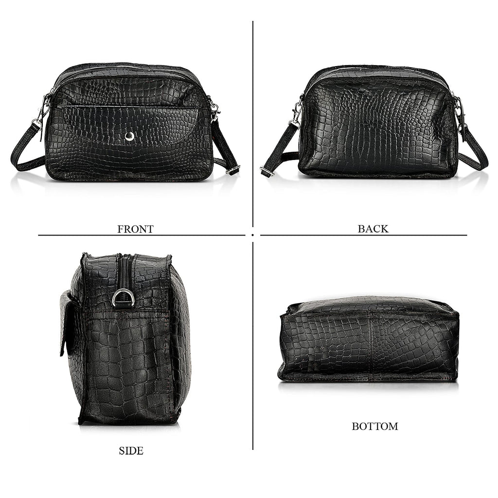 Valliserie 100% Genuine Leather Croco Pattern Crossbody Sling Bag - Black