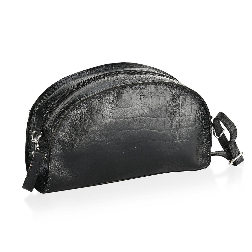 Valissiere Croc Embossed Genuine Leather Crossbody Sling Bag With Front Zip Pocket - Black