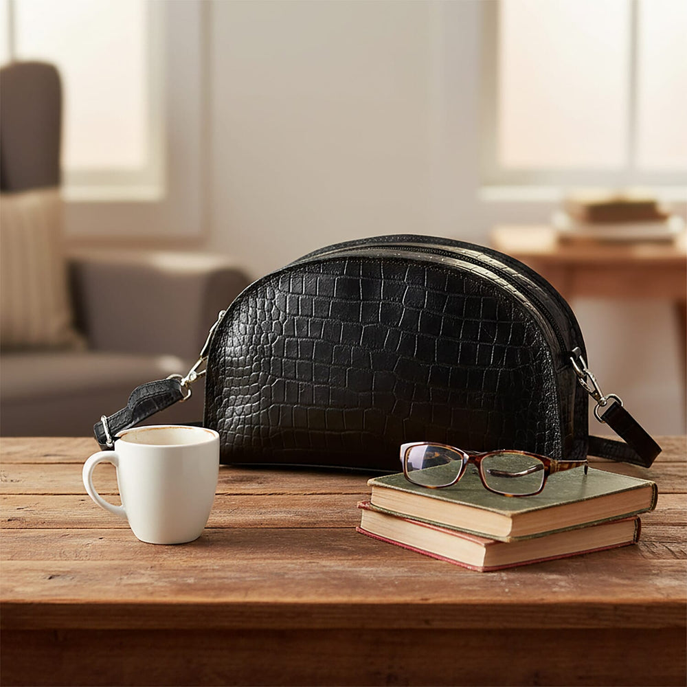Valissiere Croc Embossed Genuine Leather Crossbody Sling Bag With Front Zip Pocket - Black