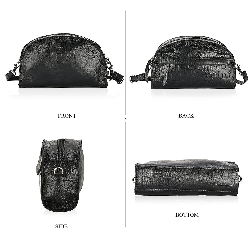 Valissiere Croc Embossed Genuine Leather Crossbody Sling Bag With Front Zip Pocket - Black