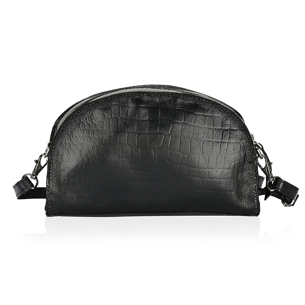 Valissiere Croc Embossed Genuine Leather Crossbody Sling Bag With Front Zip Pocket - Black