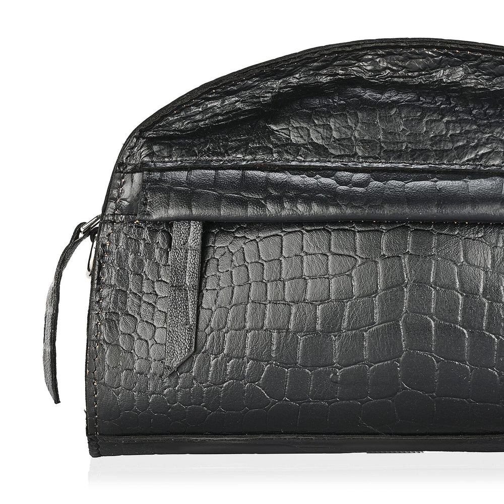 Valissiere Croc Embossed Genuine Leather Crossbody Sling Bag With Front Zip Pocket - Black