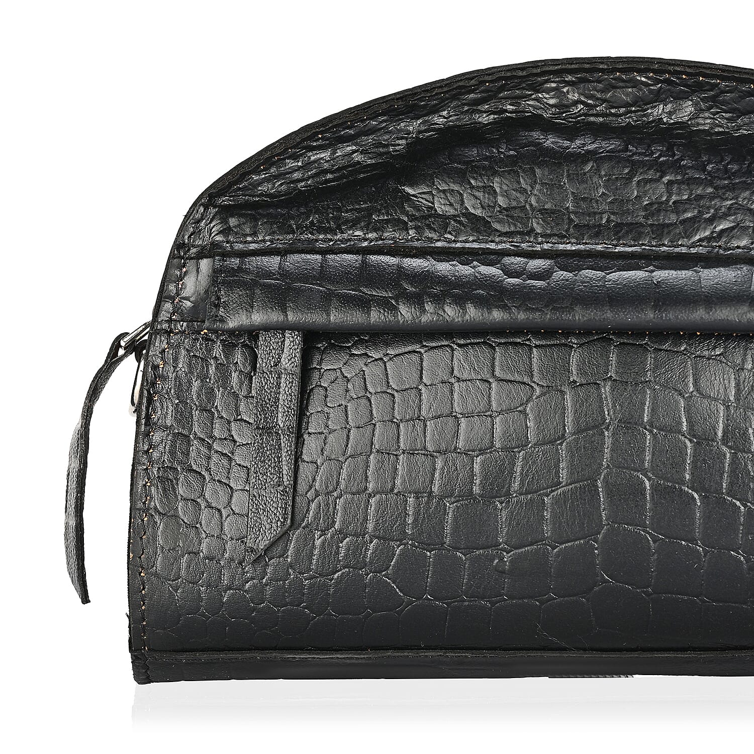 Valissiere Croc Embossed Genuine Leather Crossbody Sling Bag With Front Zip Pocket - Black