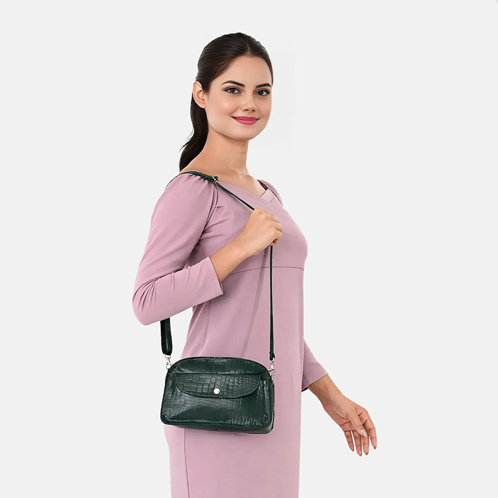 Valliserie 100% Genuine Leather Croco Pattern Crossbody Sling Bag - Green