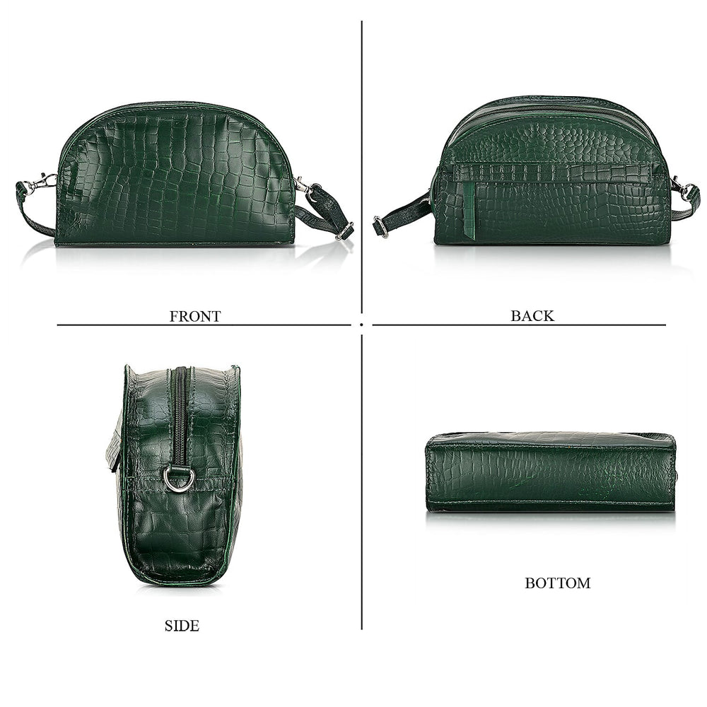 Valissiere Croc Embossed Genuine Leather Crossbody Sling Bag With Front Zip Pocket - Green