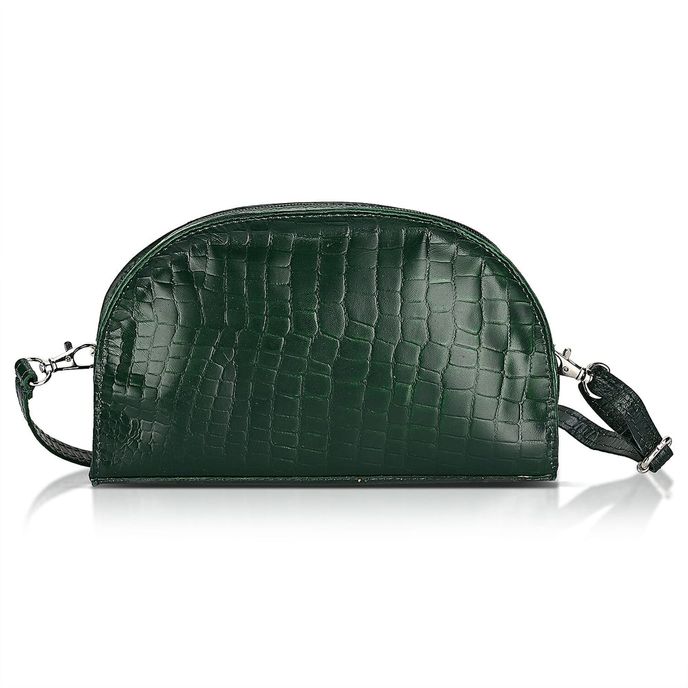 Valissiere Croc Embossed Genuine Leather Crossbody Sling Bag With Front Zip Pocket - Green
