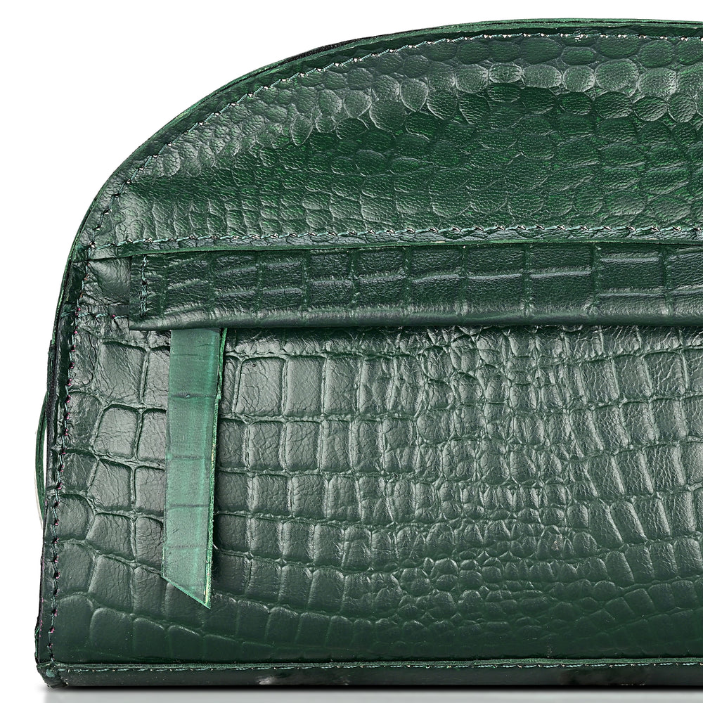 Valissiere Croc Embossed Genuine Leather Crossbody Sling Bag With Front Zip Pocket - Green