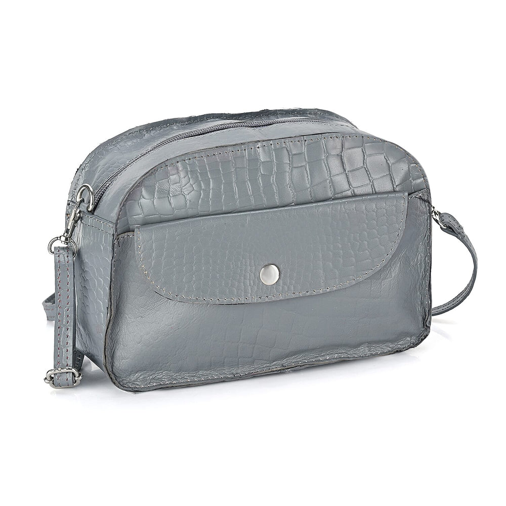 Valliserie 100% Genuine Leather Croco Pattern Crossbody Sling Bag - Grey