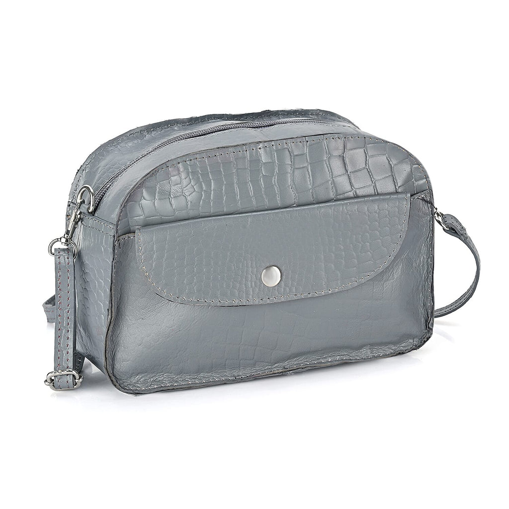Valliserie 100% Genuine Leather Croco Pattern Crossbody Sling Bag - Grey