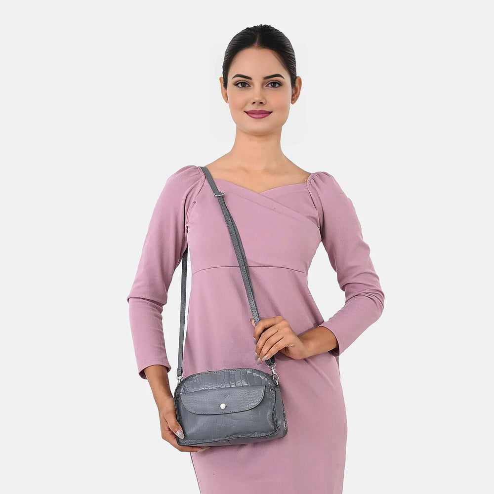 Valliserie 100% Genuine Leather Croco Pattern Crossbody Sling Bag - Grey