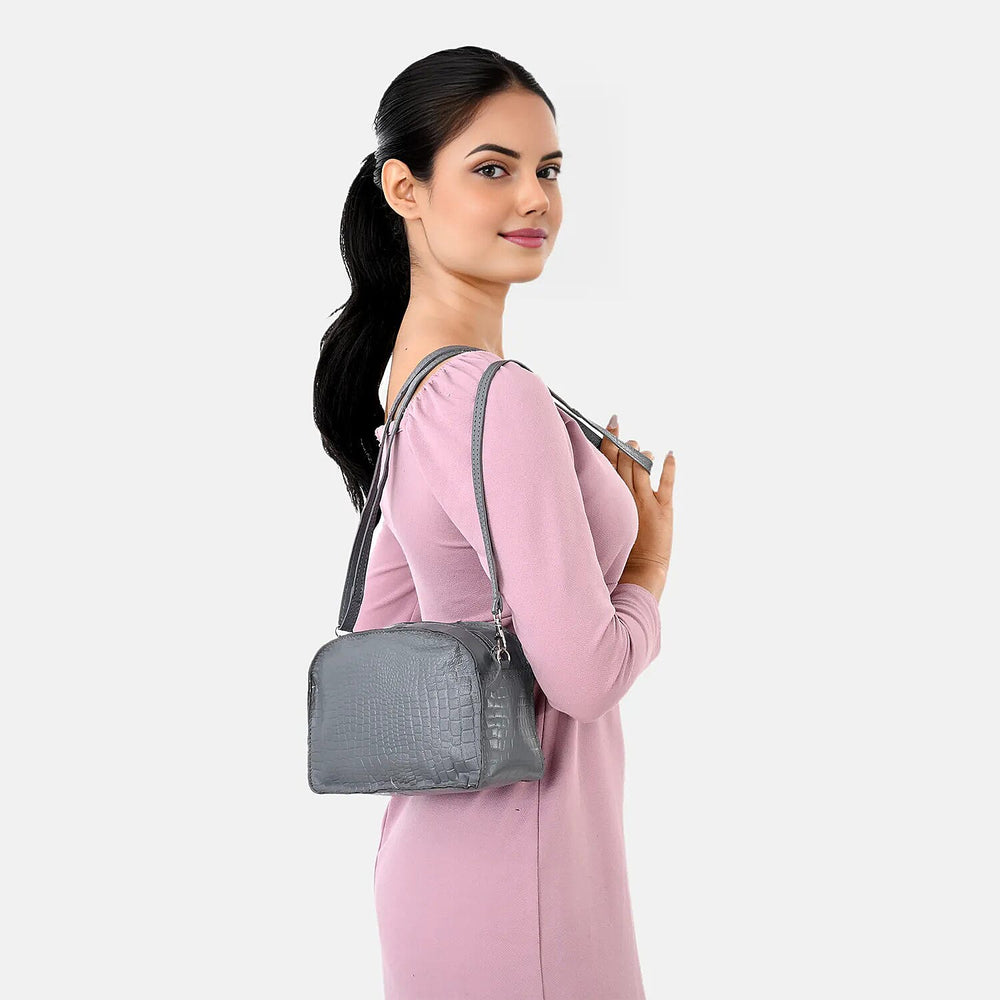 Valliserie 100% Genuine Leather Croco Pattern Crossbody Sling Bag - Grey