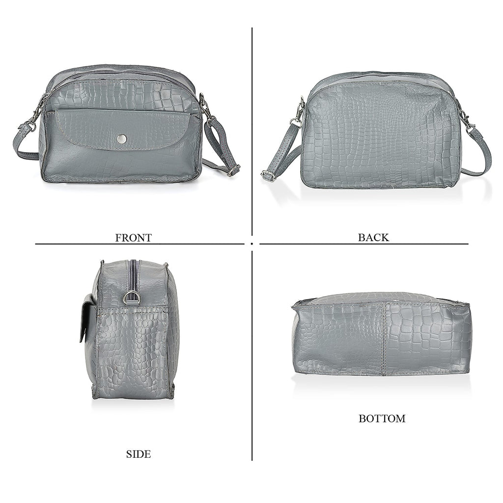 Valliserie 100% Genuine Leather Croco Pattern Crossbody Sling Bag - Grey