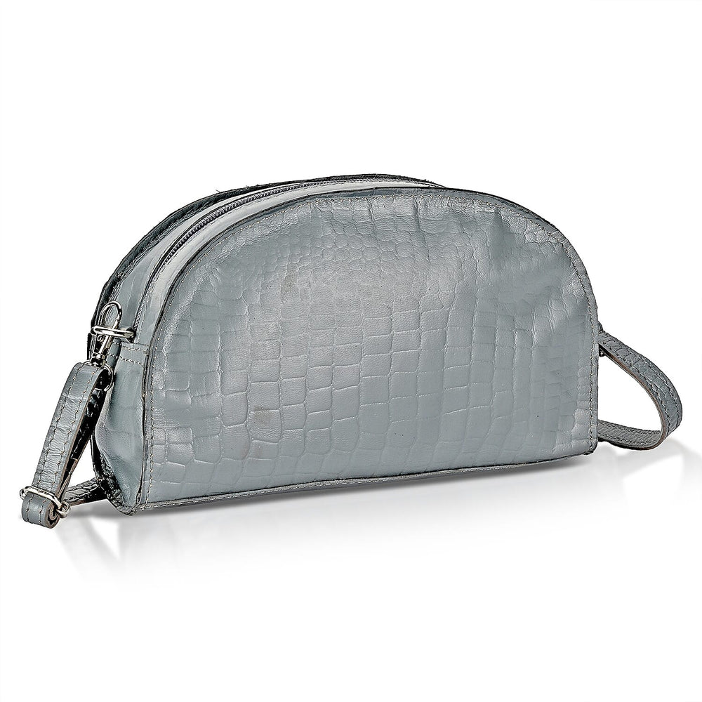 Valissiere Croc Embossed Genuine Leather Crossbody Sling Bag With Front Zip Pocket - Grey