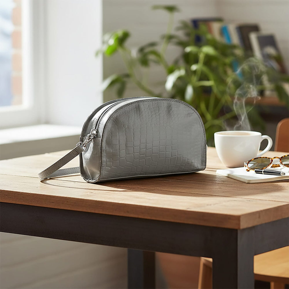 Valissiere Croc Embossed Genuine Leather Crossbody Sling Bag With Front Zip Pocket - Grey