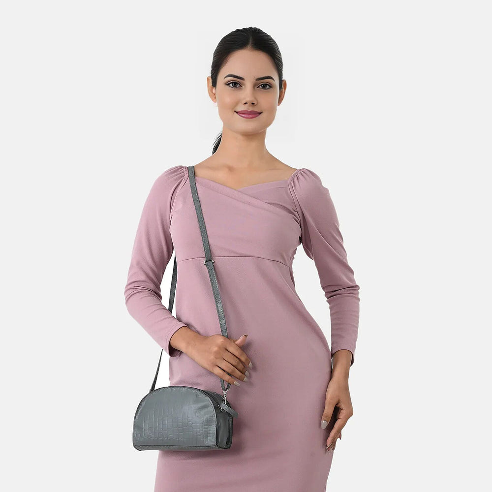 Valissiere Croc Embossed Genuine Leather Crossbody Sling Bag With Front Zip Pocket - Grey