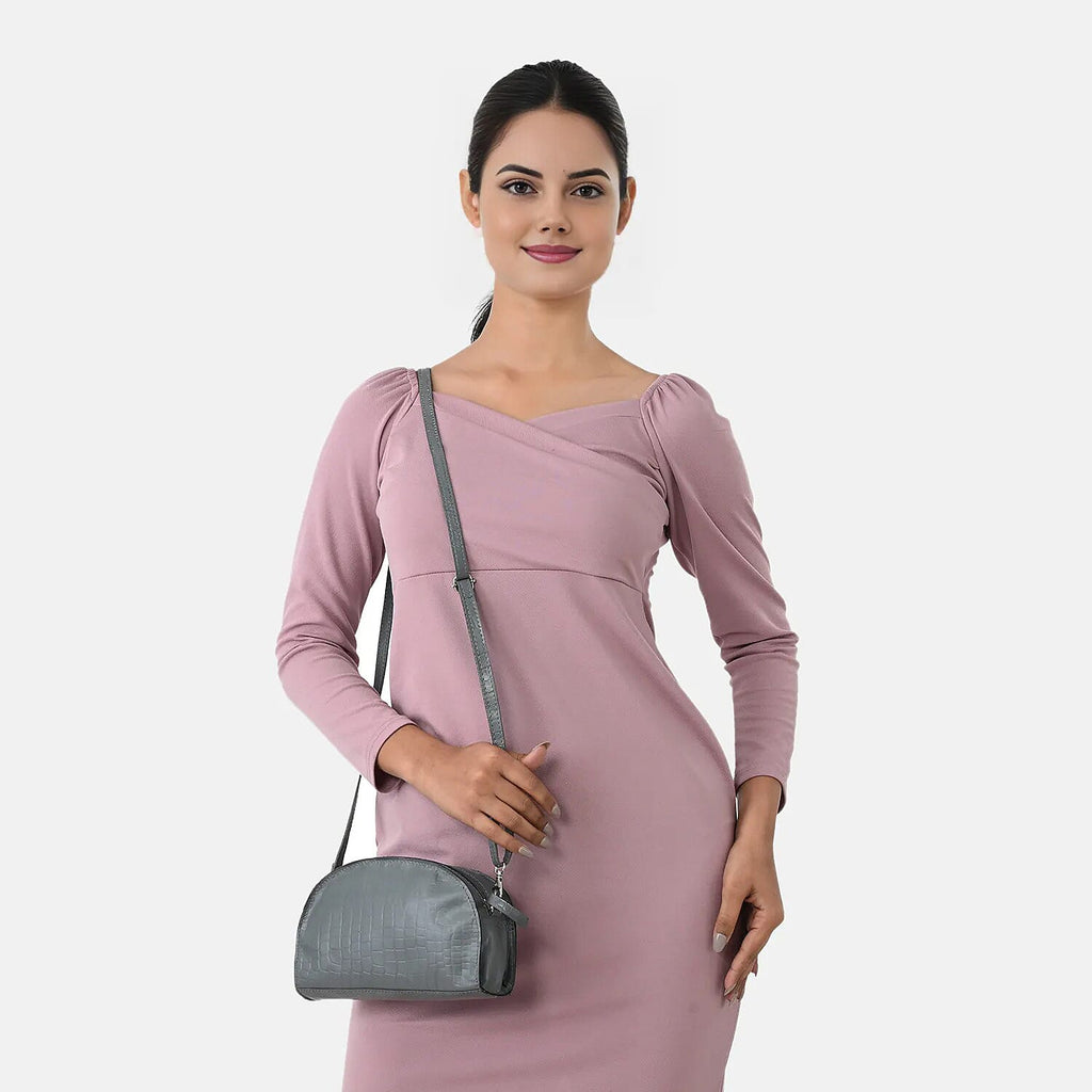 Valissiere Croc Embossed Genuine Leather Crossbody Sling Bag With Front Zip Pocket - Grey