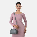 Valissiere Croc Embossed Genuine Leather Crossbody Sling Bag With Front Zip Pocket - Grey