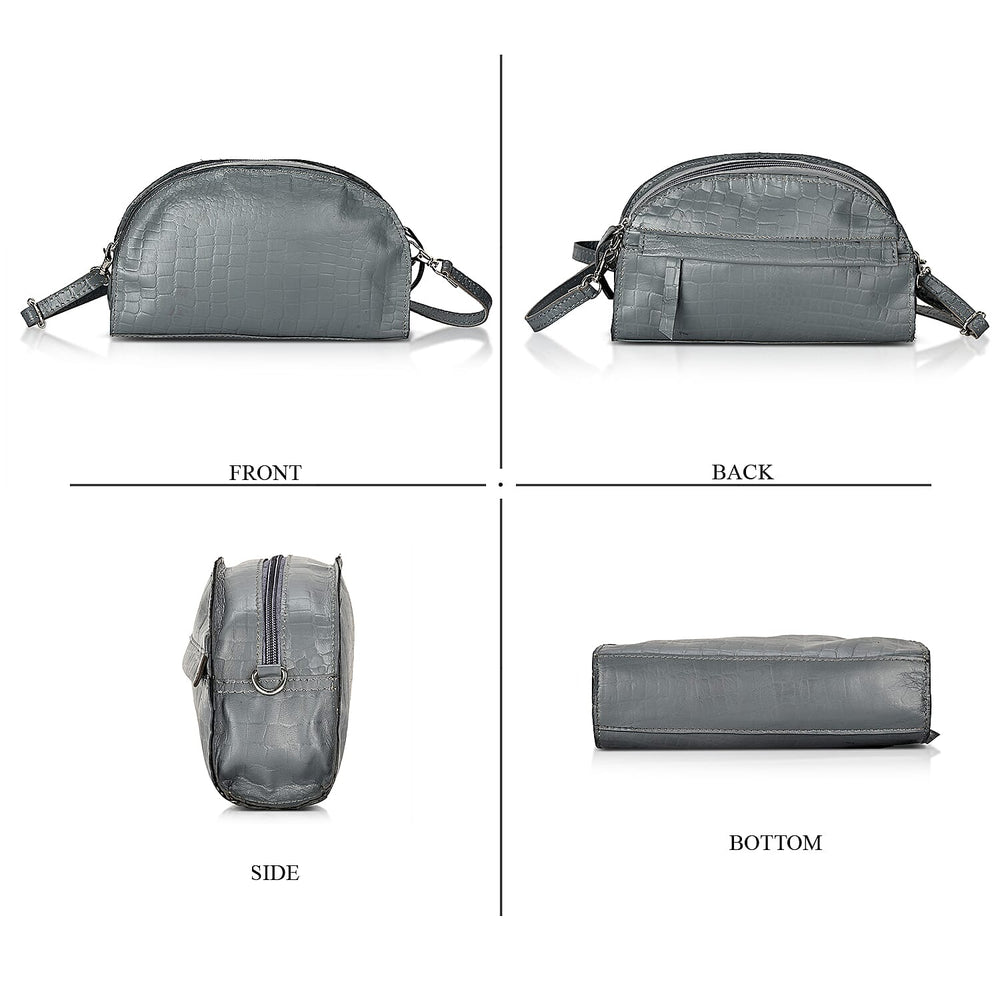 Valissiere Croc Embossed Genuine Leather Crossbody Sling Bag With Front Zip Pocket - Grey