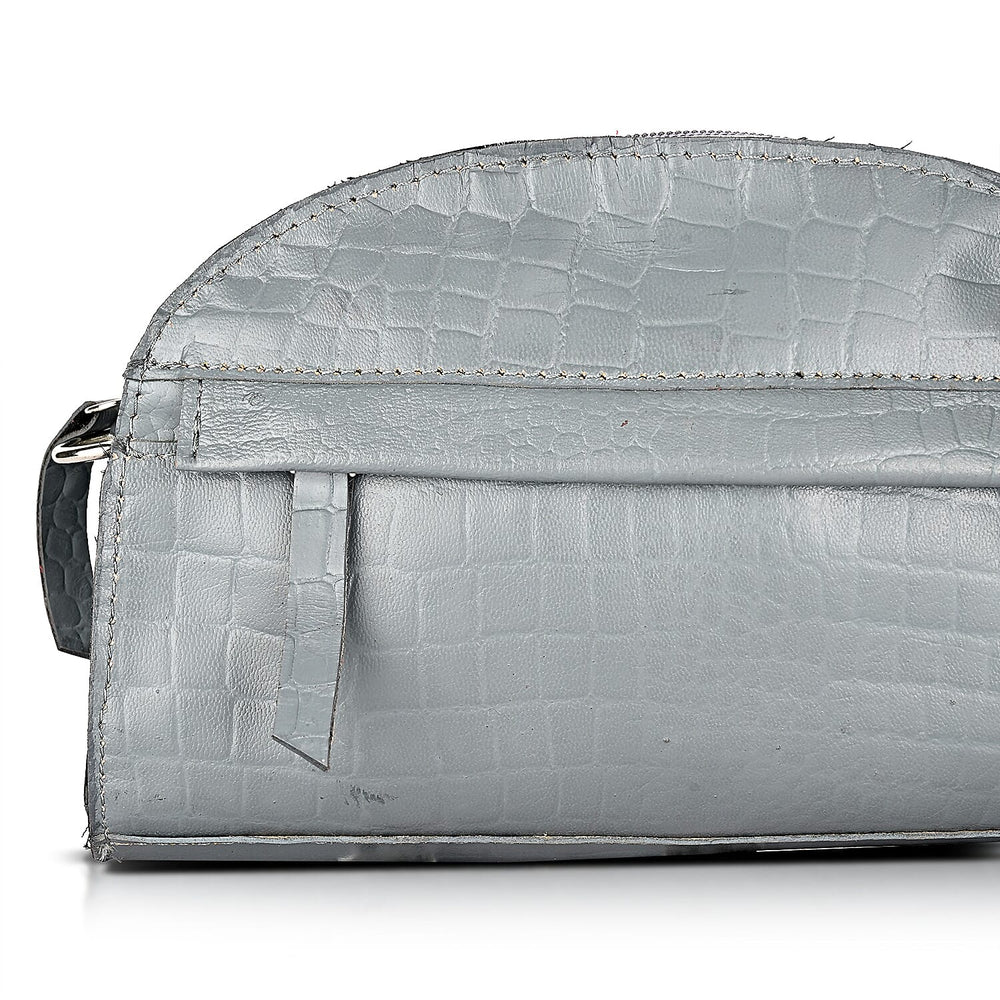 Valissiere Croc Embossed Genuine Leather Crossbody Sling Bag With Front Zip Pocket - Grey