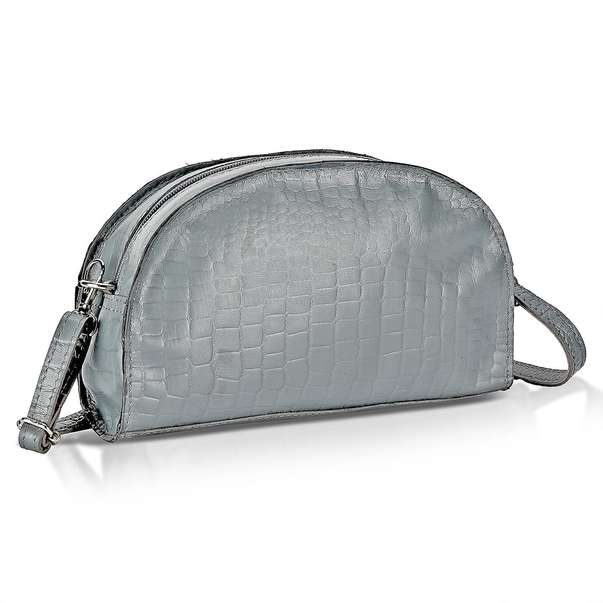 Valissiere Croc Embossed Genuine Leather Crossbody Sling Bag With Front Zip Pocket - Grey