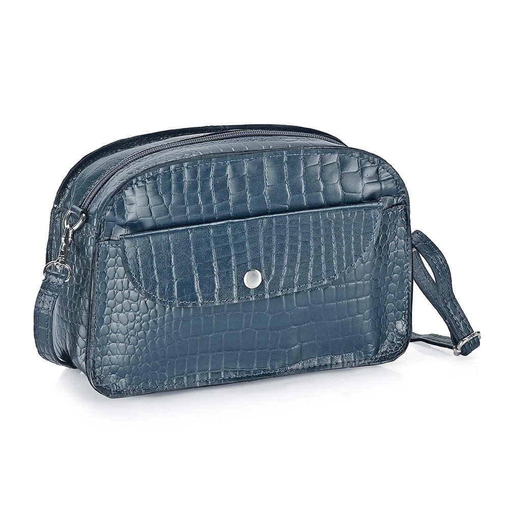 Valliserie 100% Genuine Leather Croco Pattern Crossbody Sling Bag - Navy