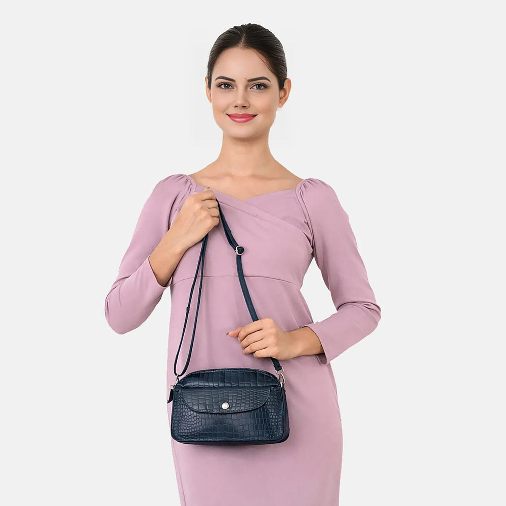 Valliserie 100% Genuine Leather Croco Pattern Crossbody Sling Bag - Navy
