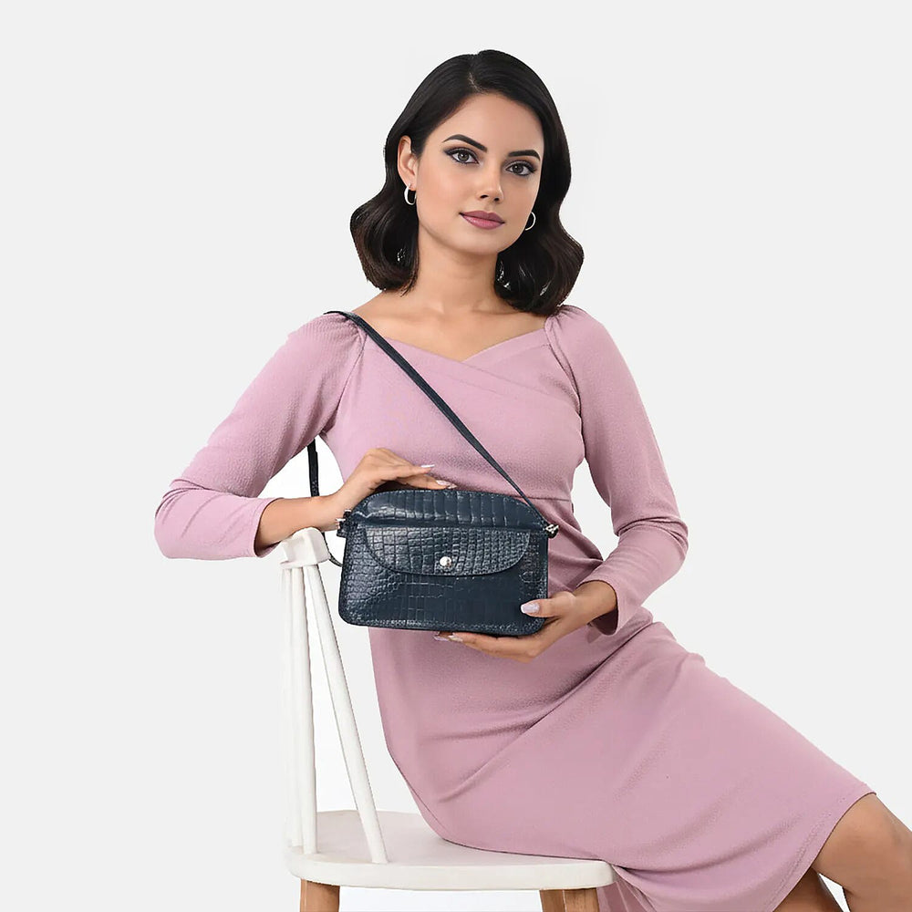 Valliserie 100% Genuine Leather Croco Pattern Crossbody Sling Bag - Navy