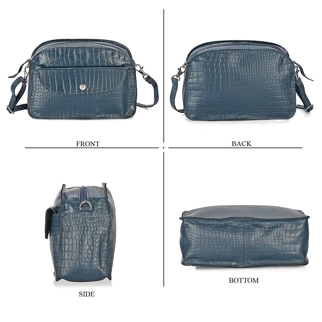 Valliserie 100% Genuine Leather Croco Pattern Crossbody Sling Bag - Navy