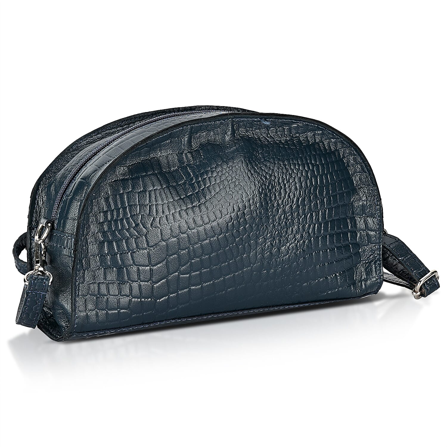 Valissiere Croc Embossed Genuine Leather Crossbody Sling Bag With Front Zip Pocket - Navy
