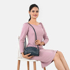 Valissiere Croc Embossed Genuine Leather Crossbody Sling Bag With Front Zip Pocket - Navy