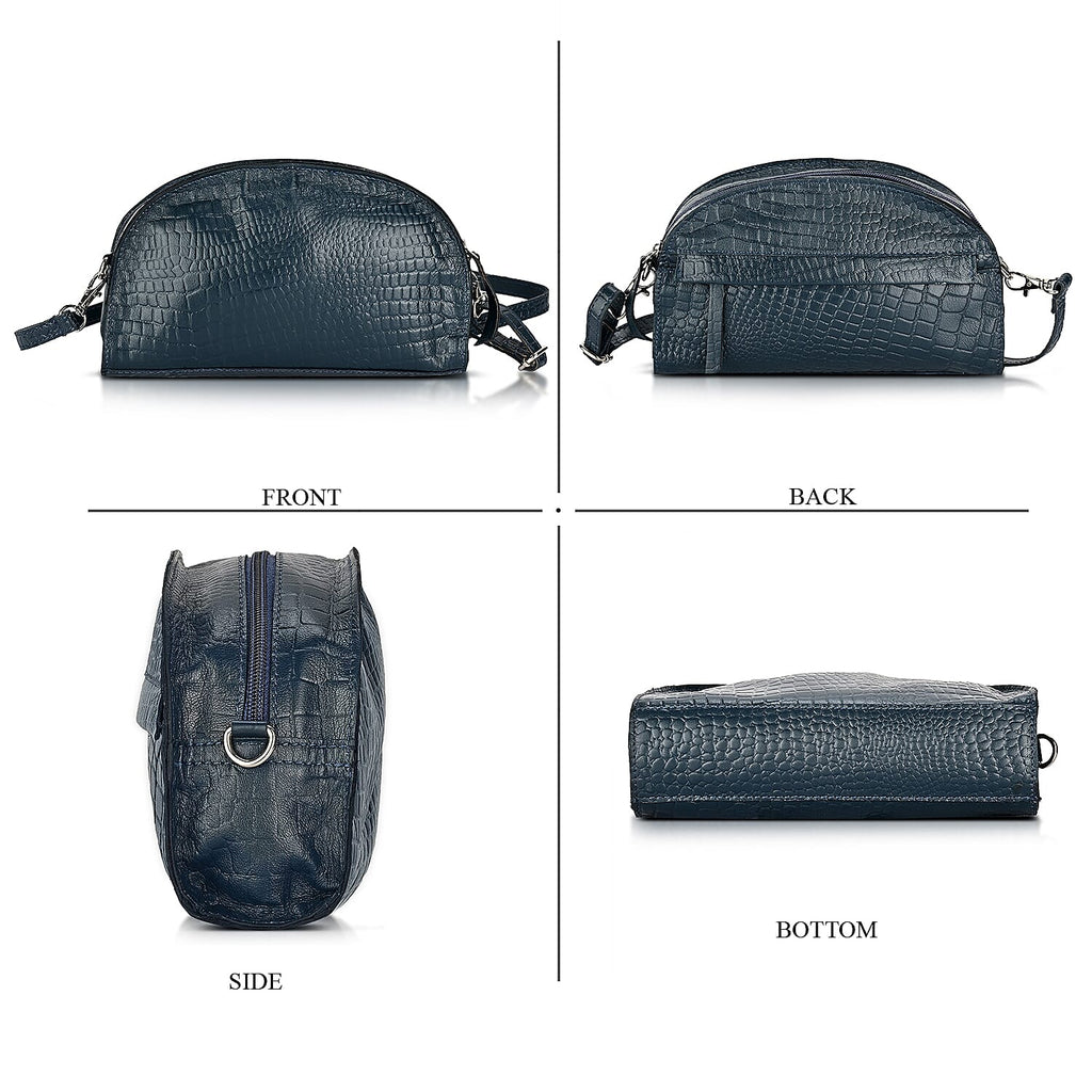 Valissiere Croc Embossed Genuine Leather Crossbody Sling Bag With Front Zip Pocket - Navy