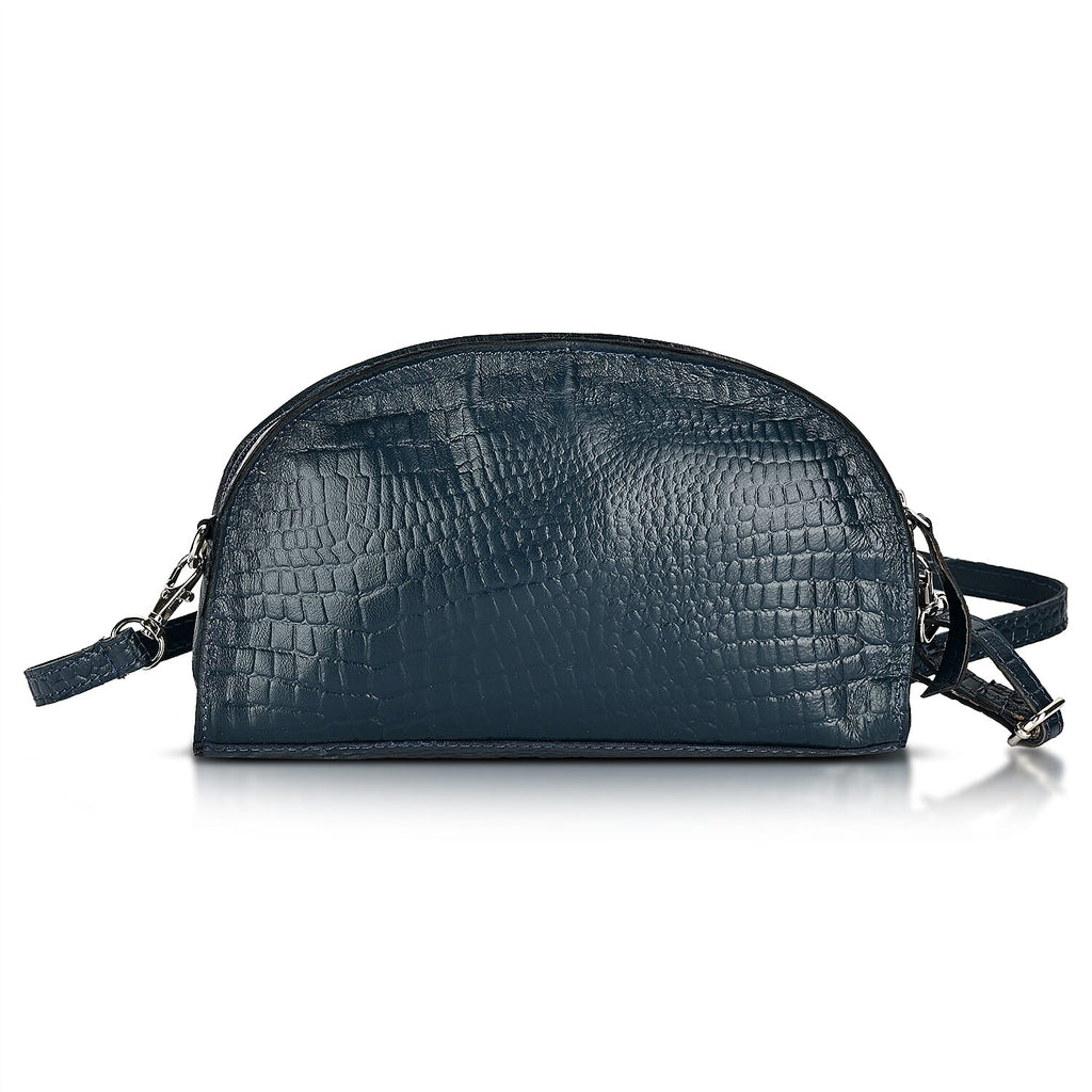 Valissiere Croc Embossed Genuine Leather Crossbody Sling Bag With Front Zip Pocket - Navy