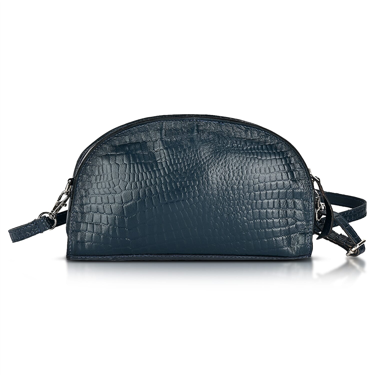 Valissiere Croc Embossed Genuine Leather Crossbody Sling Bag With Front Zip Pocket - Navy
