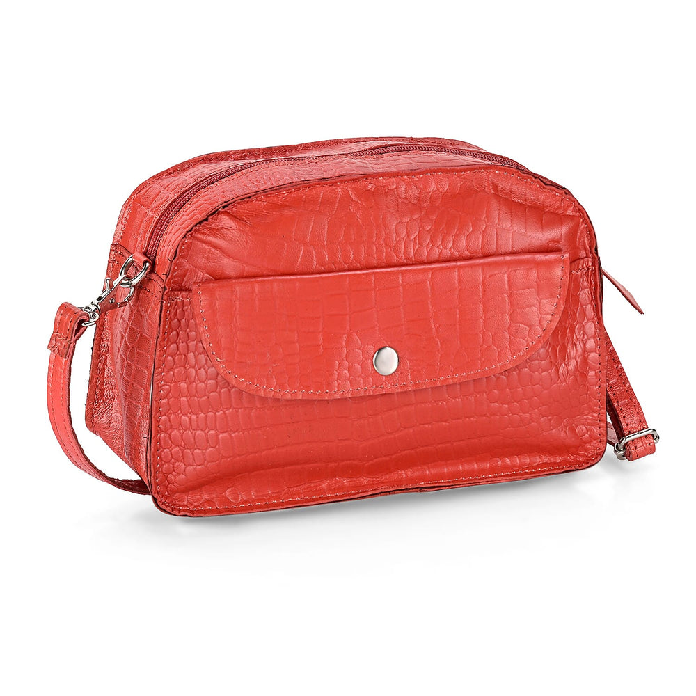 Specially Crafted In India-Valliserie 100% Genuine Leather Croco Pattern Crossbody Sling Bag - Red