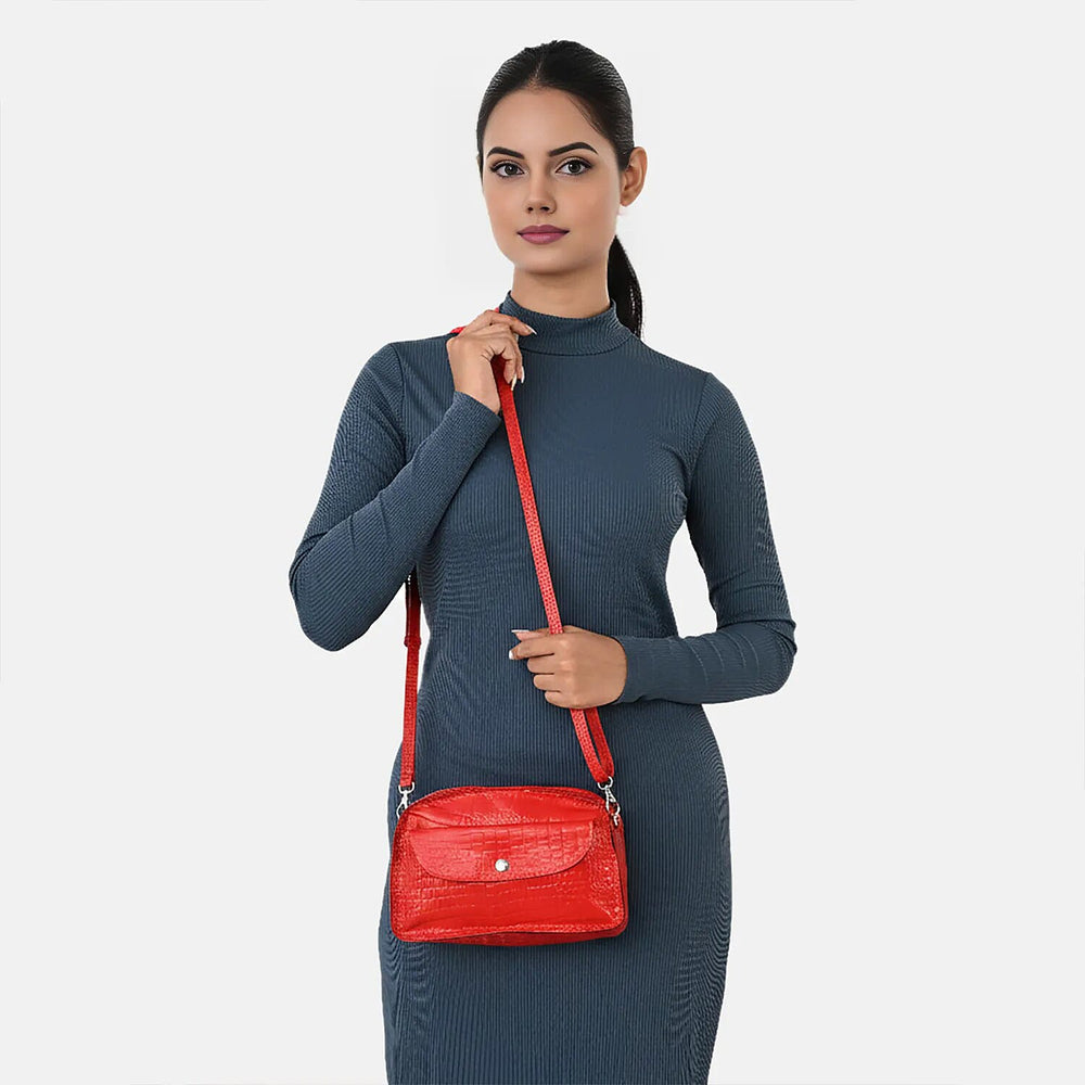 Specially Crafted In India-Valliserie 100% Genuine Leather Croco Pattern Crossbody Sling Bag - Red